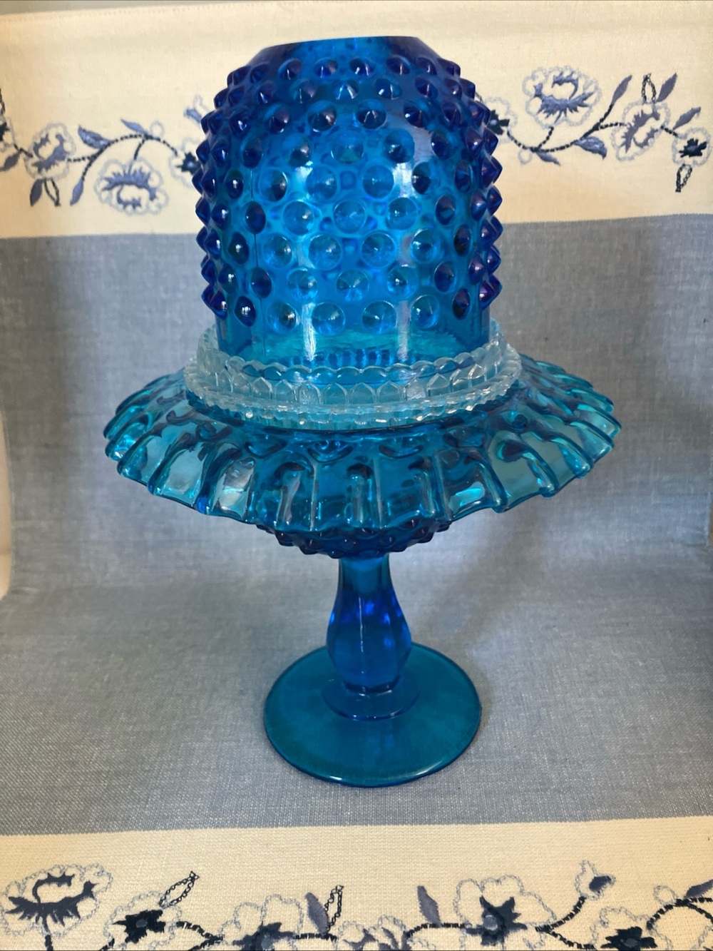 Fenton Colonial Blue Hobnail 3pc Pedestal Fairy Lamp ~ 8 1/2” Talll